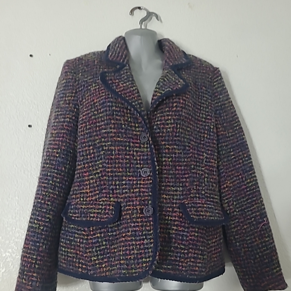Women's Multicolor Tweed Jacket Vintage Tribal Long Sleeve Button Up Blazer Size